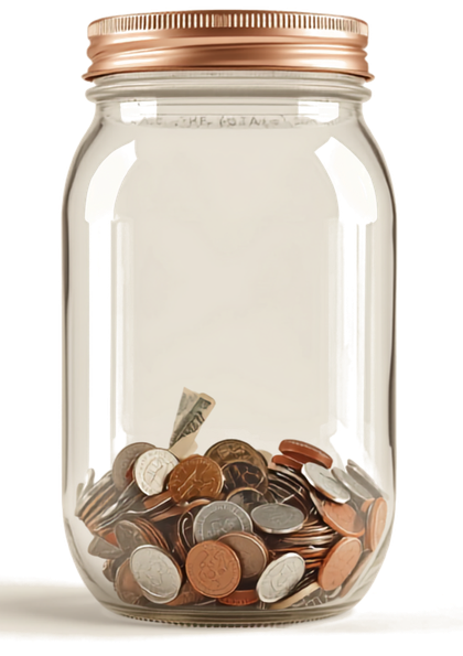 A glass jar filling up with coins, representing savings adding up