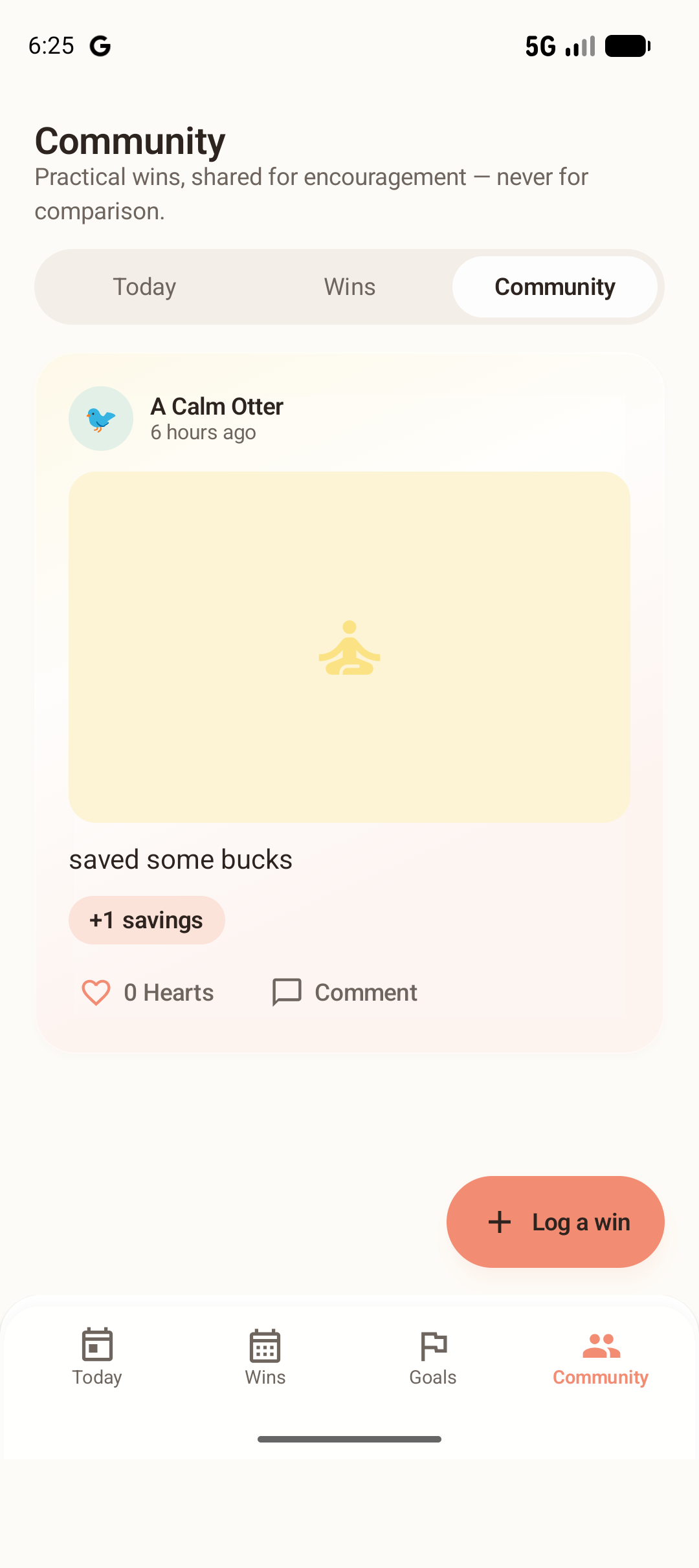 Anonymous community feed of shared wins by category