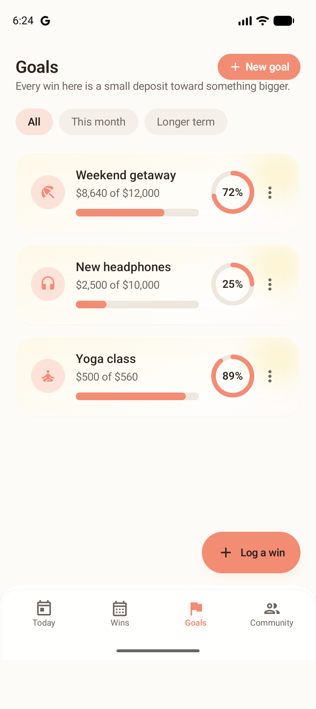 Savings goal with a progress ring toward a target amount