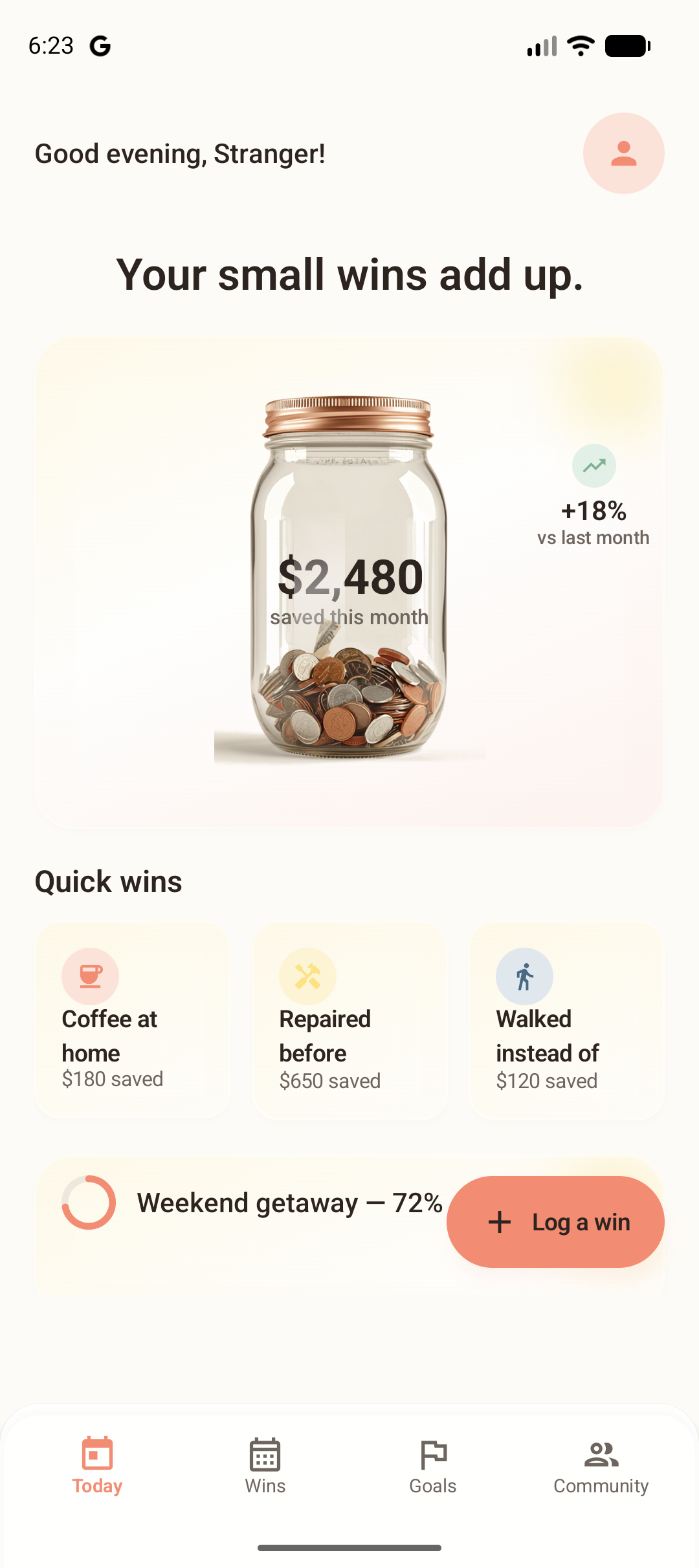 Today screen showing the monthly savings jar and a trend against last month